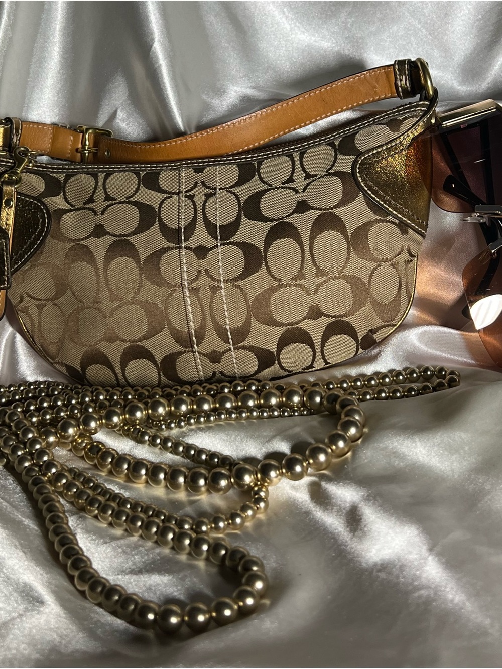 Coach Tan Signature Canvas Shoulder Bag with Gold Hardware K04K-1480